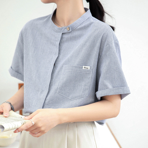 韩系穿搭圆领蓝白条纹短袖衬衫女2024夏季新款宽松衬衣通勤上衣女