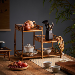 禅意茶桌茶具茶棚架新中式楠竹手工竹编茶室装饰复古茶罐茶杯架子