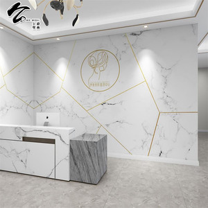 北欧轻奢金色线条大理石墙纸公司logo形象墙理发店美容院前台壁纸