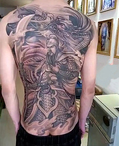 满背关羽纹身贴男女款防水持久刺青割线线条关公龙纹身贴纸逼真