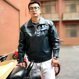 中国空军飞行员服夹克 头层山羊皮翻领机车真皮皮衣男 加肥加大码