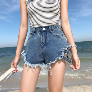 侧面带牛仔短裤女ins韩版超火宽松破洞高腰热裤显瘦毛边阔腿裤潮