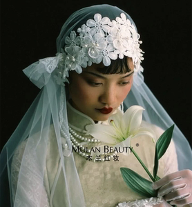 法式复古民国风蕾丝花帽式包头摄影造型拍照样片发饰新娘头纱白色