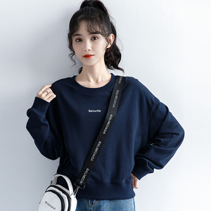 2022春季新款字母宝蓝色圆领短款卫衣女春秋薄款小个子无帽上衣潮