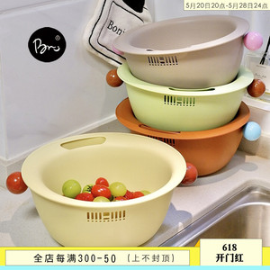 奶黄圆球厨房双层洗菜盆沥水篮水果盘家用蔬菜篮塑料大号果蔬篓子