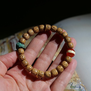 原生态星月菩提单圈手链陈籽手串绿松石天珠配饰男女情侣佛珠中式
