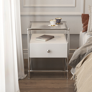 meiyili北欧轻奢玻璃床头柜现代简约卧室小型床边桌收纳置物架ins