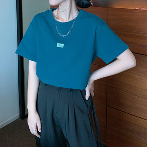雾霾蓝t恤女简约百搭夏季新款韩版宽松摩洛哥蓝体恤短袖蓝色上衣