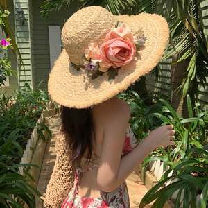 【我的头不圆】原创款花朵拉菲草帽子女夏季出游度假百搭遮阳防晒