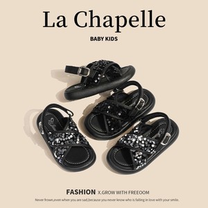 拉夏贝尔夏季韩版女童凉鞋2024新款儿童亮片露趾平跟防滑沙滩鞋