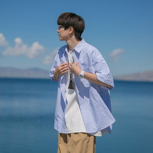 蓝色日系条纹短袖衬衫男生夏季薄款潮牌宽松轻奢高级冰感衬衣外套