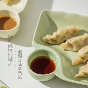 家用网红盘饺子盘餐具带蘸料碟日式陶瓷盘木筷子懒人多功能寿司盘