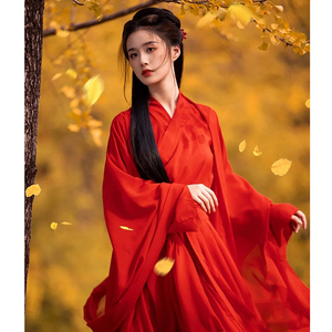 红色成人汉服嫁衣女魏晋制武侠风交领古装古风舞蹈演出服装中国风