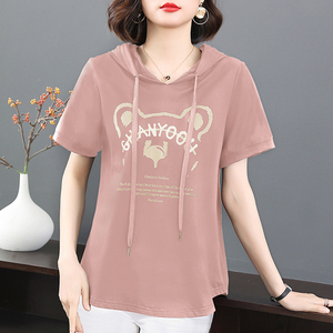 连帽t恤女短袖纯棉夏季新款印花上衣宽松休闲中长款大码女装体恤