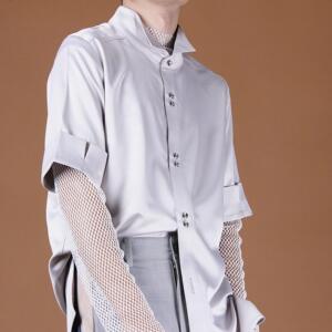 ricciwee原创设计百搭解构感礼服领袖口翻折短袖缎面百搭衬衫春夏