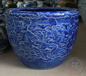 景德镇陶瓷鱼缸大号手绘雕刻蓝色荷花大金鱼缸风水鱼缸花盆碗莲缸