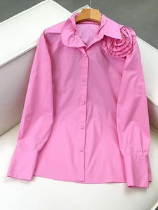 立体花朵设计潮流欧洲站时髦单品粉色长袖衬衫女装2024年秋冬新款