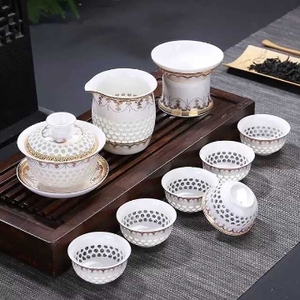 青花瓷玲珑茶具套装家用蜂窝镂空整套陶瓷功夫茶具泡茶壶茶杯盖碗