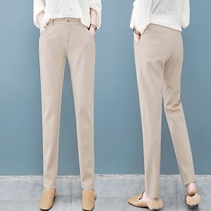 高档浅色毛呢裤子女秋冬米色哈伦裤显瘦百搭小个子腿粗萝卜裤长裤