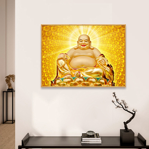 大肚弥勒佛画像挂画横版笑佛客厅书房茶室禅意壁画弥勒佛像挂画像