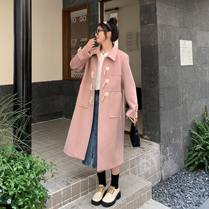 韩洛嘉高端大码女装胖妹妹粉色牛角扣毛呢大衣秋冬显瘦毛呢外套