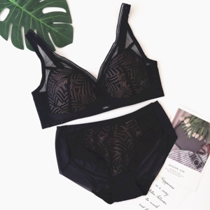 韩国lycra新款黑色奢华性感聚拢上托侧收无痕防走光薄款文胸套装