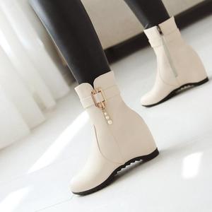 韩版单靴子女鞋春秋冬季短靴中靴内增高中跟40马丁靴41大码43白色