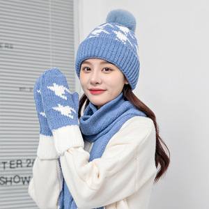 可爱韩版秋冬季针织帽子围巾手套三件套女围脖毛线帽护耳加绒保暖