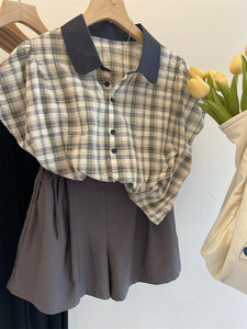 polo领格子短袖衬衫女设计感夏季新款时尚宽松拼色法式棉麻衬衣