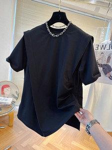 不规则褶皱短袖T恤女设计感夏季新款拼接体恤黑色内搭打底衫上衣