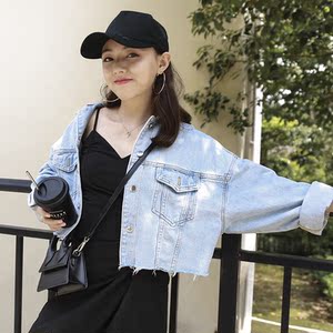 欧洲站2018秋女装ins港味破洞做旧水洗短款百搭半截牛仔外套潮牌