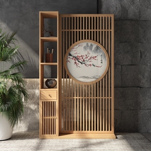 新中式屏风隔断客厅入户家用置物柜玄关门口定制镂空移动实木座屏