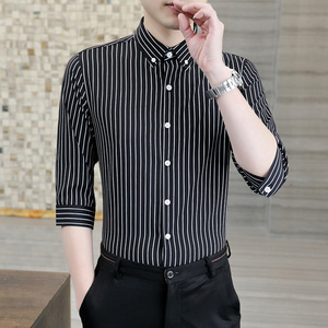 衬衫男士条纹中袖韩版潮流休闲短袖黑色潮牌男装七分袖夏季衬衣服