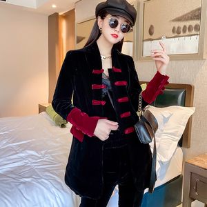 金丝绒套装女2021秋季新款宽松时尚拼接中国风盘扣上衣两件套女装