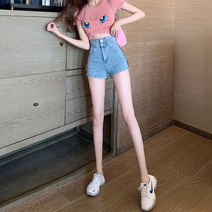 网红超火牛仔短裤女春夏辣妹2022新款弹力a字高腰侧拉链阔腿热裤
