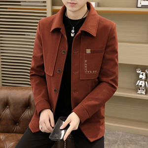 夹克男秋冬季韩版修身红色短款风衣青年休闲帅气加厚毛呢大衣外套