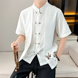夏季冰丝短袖t恤男中国风假两件高档薄款唐装休闲半袖汉服上衣服