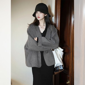 冬季灰色短款双面羊绒呢子高级感超好看小个子大衣毛呢外套女秋冬