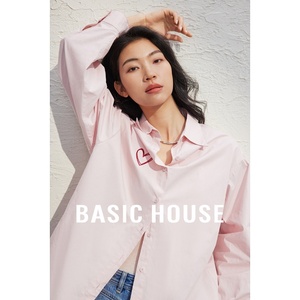 Basic House/百家好爱心刺绣衬衫内搭女春季宽松纯色长袖衬衣外套