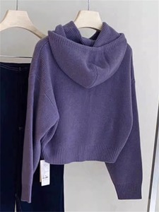 初秋冬新款高级感超好看外搭上衣紫色拉链连帽毛衣外套针织开衫女