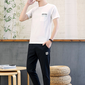 亚麻t恤男士短袖中国风棉麻套装夏男装一套衣服全身搭配纯棉帅气