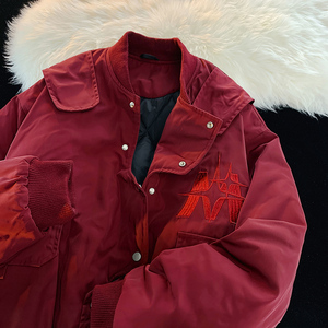 酒红色棒球服男春秋美式vibe国潮高街外套设计感不规则飞行服夹克