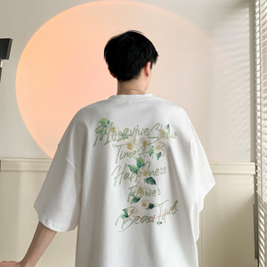 夏季花卉印花短袖男款小众设计背面图案t恤oversize潮牌美式半袖