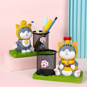 新款卡通喵星人笔筒树脂摆件少女心招财猫存钱罐学生桌面收纳桶