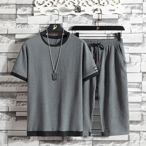 冰丝套装男夏季薄款亚麻短袖t恤七分短裤大码宽松休闲运动两件套