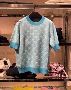 gucci/古驰 22新款老花双g字母满logo印花拼接针织衫短袖男 t恤女