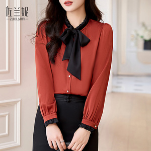 红色蝴蝶结独特设计气质打底上衣雪纺衫女早春季长袖衬衫修身新款