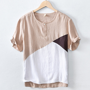 夏季纯麻短袖t恤男士日系复古亚麻布上衣服男装宽松撞色小立领t恤