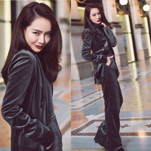 秋冬新款李小璐戚薇明星同款气质灰色丝绒西服修身o