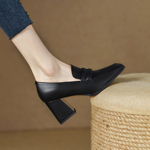 吊尔手工鞋 巨好穿~!真皮一脚蹬乐福鞋方头粗跟单鞋气质高跟女鞋